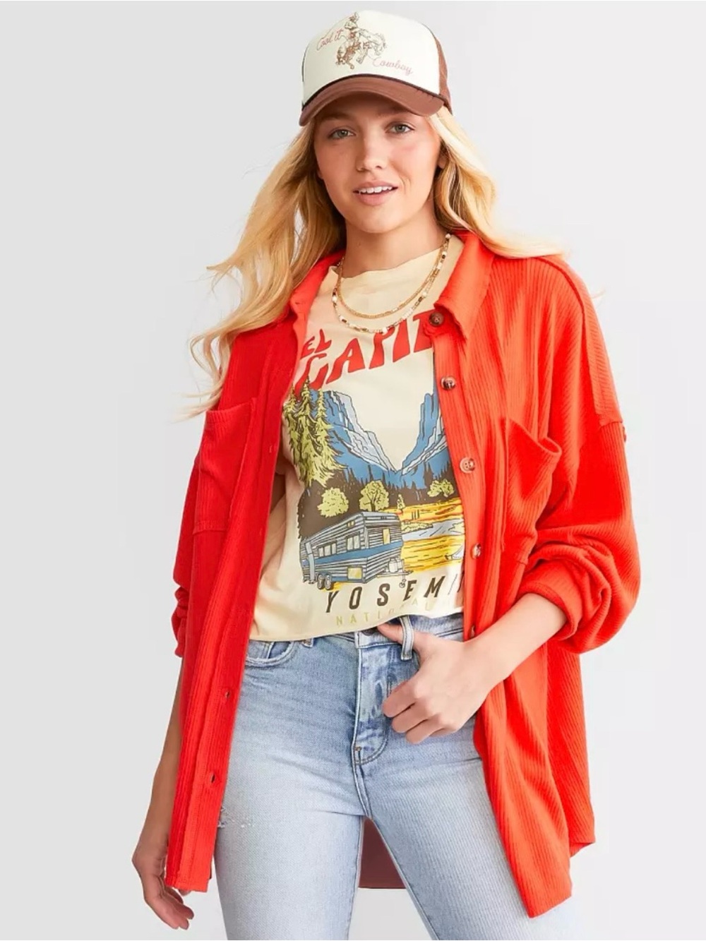 BKE (Buckle)  Poppy Red Oversized Brushed Rib Knit Boyfriend Button-down Shirt